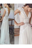 Unique col en V manches robe de mariée en mousseline de soie plage avec tour de taille de perles