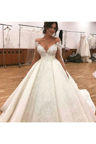 Robe de bal tulle robes de mariée manches longues appliques baguettes