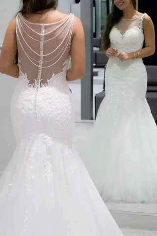 Robes de mariage de sirène de Tulle de scoop de 2024 avec l&#39;Applique et les perles