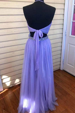 Charmante 2 pieces longue halter dos ouvert fluide robes de bal perles de tulle violet