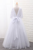 2024 Tulle Scoop Flower Girl Robes Ball Gown Mid-Length Sleeves With Sash