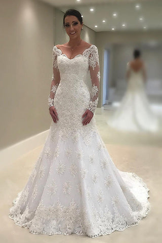 Robes de mariée sirène / trompette 2024 V Neck manches longues Tulle avec appliques et perles