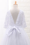 2024 Tulle Scoop Flower Girl Robes Ball Gown Mid-Length Sleeves With Sash