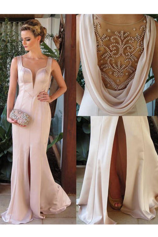 2024 Robes de bal Mermaid Scoop en mousseline de soie avec des perles et des fentes