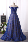 2024 Dark Royal Blue Robe de soirée Scoop Cap Sleeves See-Through Lace With Applique A Line