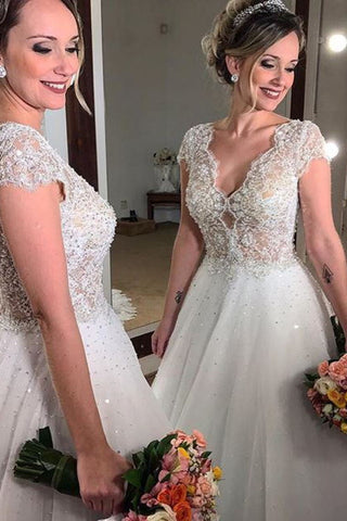 2024 Robes de mariée à nouvelle arrivée A-Line V-Neck avec appliques manches courtes