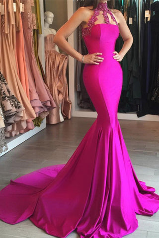 2024 New Arrival Satin à encolure avec Applique Mermaid Sweep Train Prom Dresses