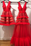 Charmante robe de bal rouge tulle col en v longue, robe de soirée