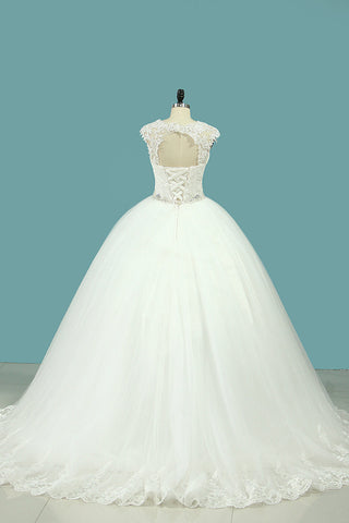 2024 Robes de mariée en tulle en tulle avec appliques et taille de perles ouvertes Retour