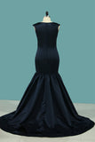 2024 Mermaid Prom Dresses V Neck Satin Sweep Train Zipper Up