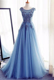 Charmant bleu longue dentelle tulle dos ouvert dentelle princesse robes de bal