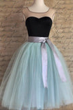 2024 Homecoming Robes A Line Scoop With Sash / Ribbon Longueur au genou Tulle Jupe