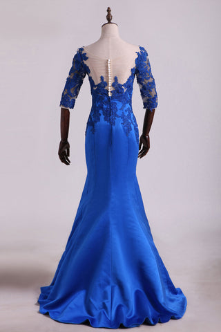 2024 Hot Bateau foncé bleu royal mère de la mariée Robes à manches 3/4 avec appliques satin