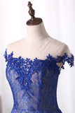 2024 Dark Royal Blue Robe de soirée Scoop Cap Sleeves See-Through Lace With Applique A Line