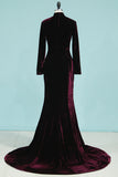 2024 Mermaid High Neck manches longues Velvet Sweep Train Prom Dresses