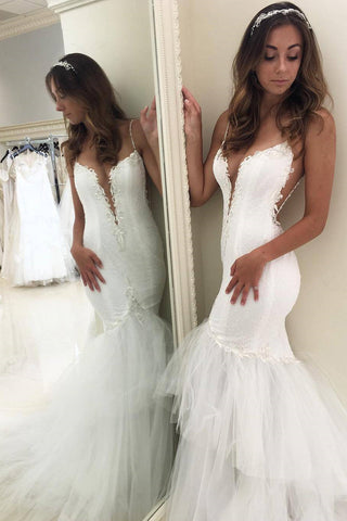 2024 sirène spaghetti bretelles robes de mariée en tulle avec appliques et perles