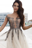 2024 Robes de bal Tulle A Line Bateau Cap Sleeve With Beads Open Back