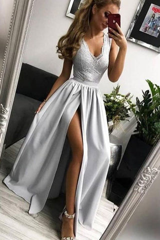 Avant fente ruban dentelle satin longue v-cou charmante robes de bal élégante robes mignonnes