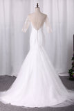 2024 Sexy Mermaid Robes de mariée Scoop Half Sleeves Tulle With Applique Open Back