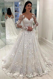 Une ligne col en V manches longues robes de mariée en tulle pas cher avec des appliques