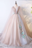 Robe de bal de bal en tulle de robe de bal v avec appliques, robes de quinceanera longueur de plancher unique