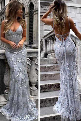 2024 Sexy Dos Nu Gris Paillettes De Dentelle Sirène Longue Soirée Robe De Bal Bon MarchéRobes De Bal