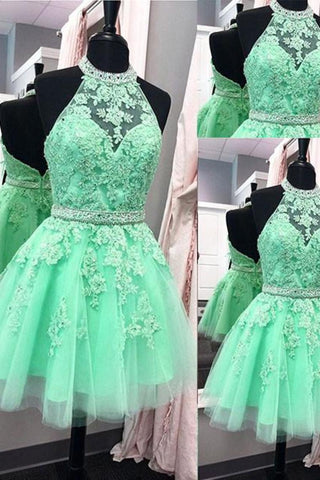 2024 A Line Homecoming Robes Halter Beaded Bodice Short / Mini Tulle Zipper Up