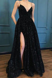 Sparkle Sequin Spaghetti Strap Noir Longue Robe De Bal Avec Une Robe De Soirée Fendue