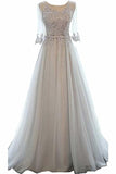 A-line manches mi-longues col rond dentelle Tulle robe de bal perles longue robe de soirée