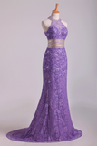 2024 Populaire sirène col haut Robes de bal dentelle avec perles balayage train Violet