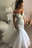 Robe de mariée sirène vintage à épaules dénudées avec perles et appliques, robes de mariée en tulle