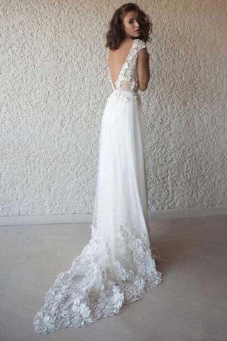 Une ligne de v-cou mancherons robes de mariée en tulle plage avec appliques