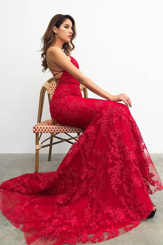 Robe de soirée longue sirène rouge à lacets avec appliques