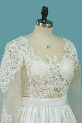 Robes de mariage de manches longues de scoop de ligne de satin de 2024 avec le noeud d&#39;Applique et d&#39;arc