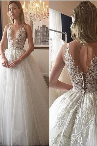 2024 New Arrival Scoop Neck Robes de mariée Robe de bal Tulle avec appliques couverts bouton