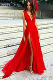 2024 V Neck Chiffon With Slit A Line Sweep Train Prom Robes