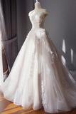 Superbe robe de mariée en tulle à l&#39;épaule avec appliques, robe de mariée avec long train