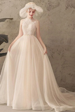 Robe de mariée en tulle sans manches bijou ivoire avec dentelle, une ligne robe de mariée dos nu plis