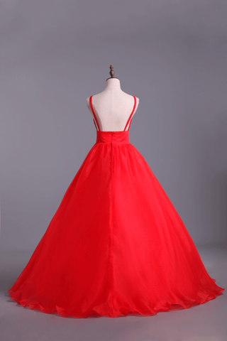 2024 profond décolleté en V robe de bal en organza longueur de plancher Backless Sexy Rouge