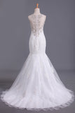 2024 Scoop robes de mariée sirène / trompette balayage train Tulle avec appliques Et Perles