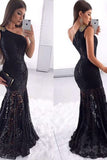 2024 Sexy Black Lace Prom Dresses One Shoulder Mermaid Zipper Up