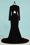 2024 Mermaid High Neck manches longues Velvet Sweep Train Prom Dresses