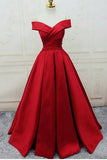 2024 Off The Shoulder Robes de bal Satin Red Sweep Train Lace Up Back