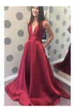 Une ligne simple v-cou satin longues robes de bal rouge pas cher avec poche