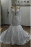 Manches longues sirène tulle hors de l&#39;épaule robes de mariée avec appliques et perles