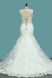 2024 Robe de mariée en selle / trompette en col en V Courte en tulle avec appliques en dentelle en arrière