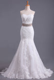 2024 Lace Up sweetheart robes de mariage organza avec appliques Et Sash Mermaid