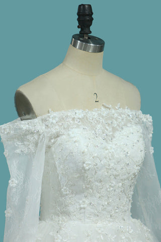 Robes de mariage de Tulle de cou de bateau de 2024 une ligne avec le train de chapelet d&#39;Applique et de perles