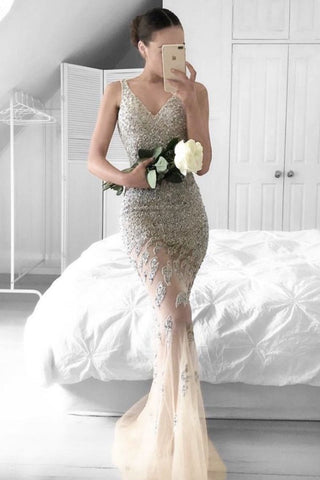 2024 Robes de bal sexy Mermaid V Neck Tulle avec perles Zipper Up See Through