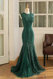 Charme sirène vert foncé dentelle bretelles robes de bal, longues robes de soirée